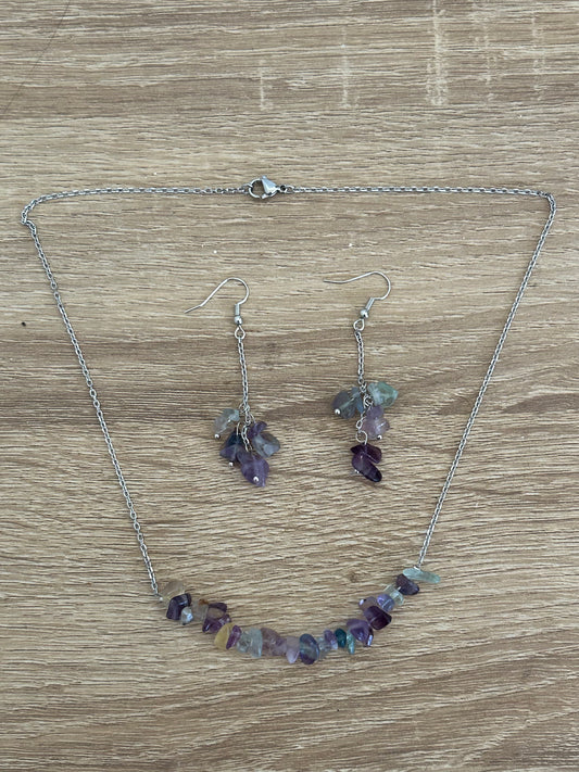 Rainbow Fluorite Crystal Chip  Silver Earrings and and Necklace Set