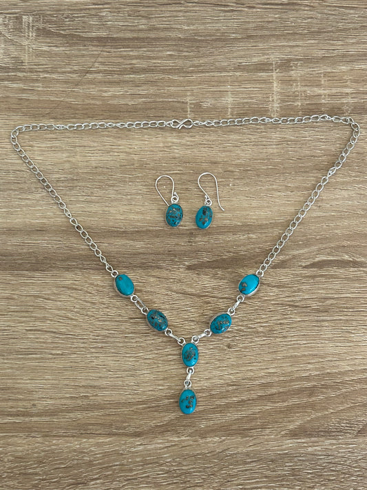 Blue Copper Turquoise and 925 Sterling Earrings and and Necklace Set