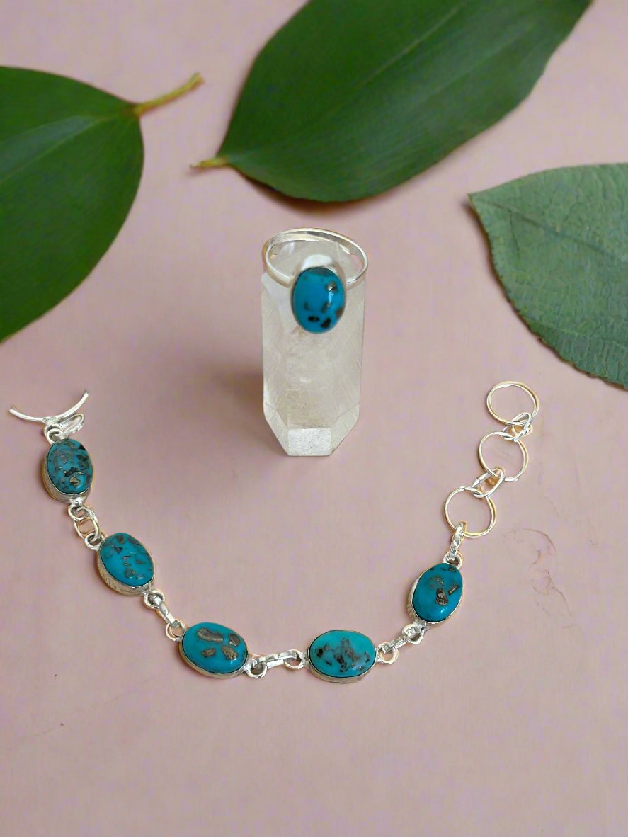 Blue Copper Turquoise and 925 Sterling Silver ring and bracelet set