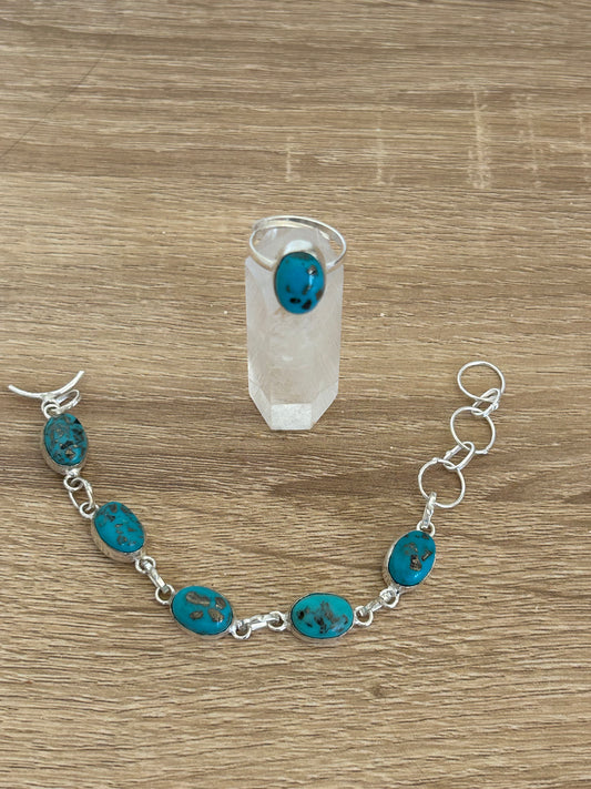 Blue Copper Turquoise and 925 Sterling Silver ring and bracelet set
