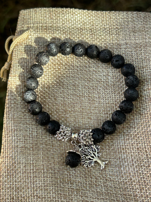 Lava Rock Bracelet with Silver Tree of Life Charm and detail