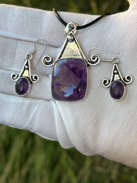 Amethyst and Antique Silver Earrings and and Necklace Set