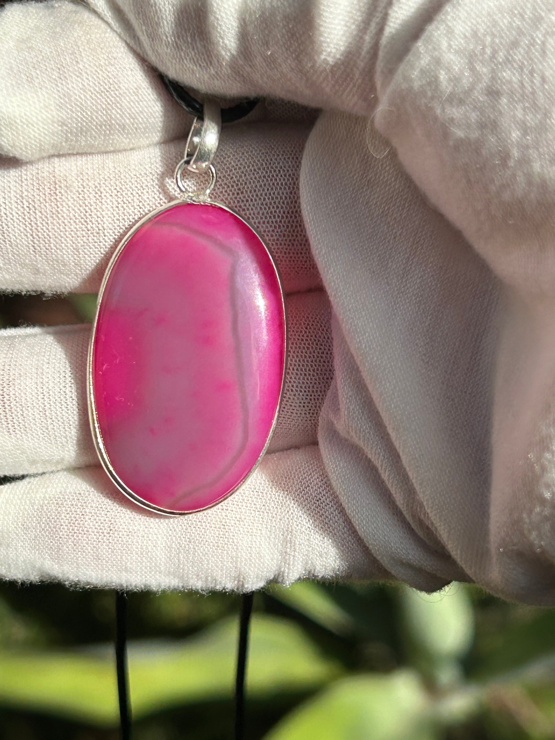 Pink Agate and 925 Sterling Silver Oval Pendant