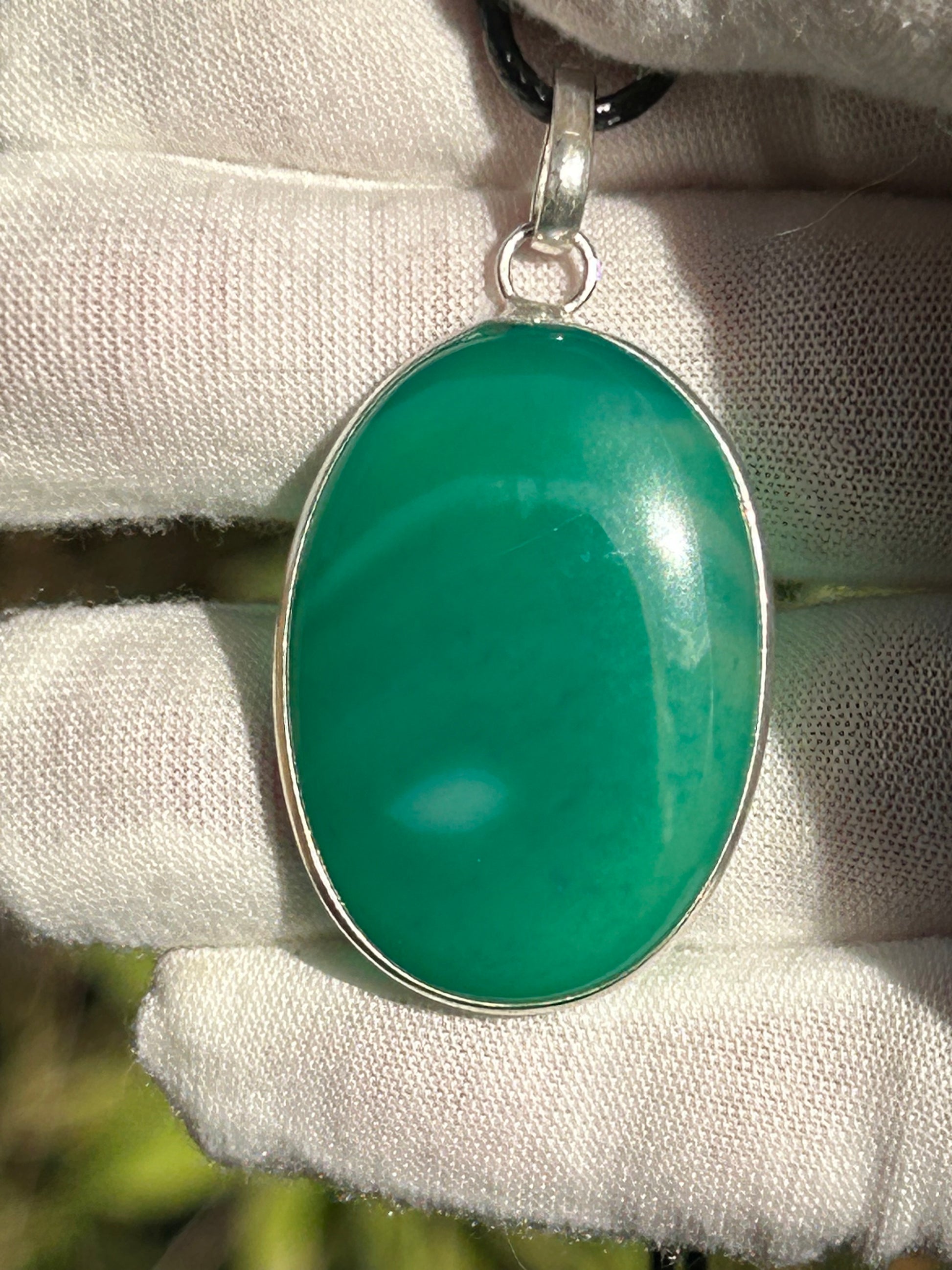 Green Banded agate 925 Sterling silver plated oval pendant with black cord necklace