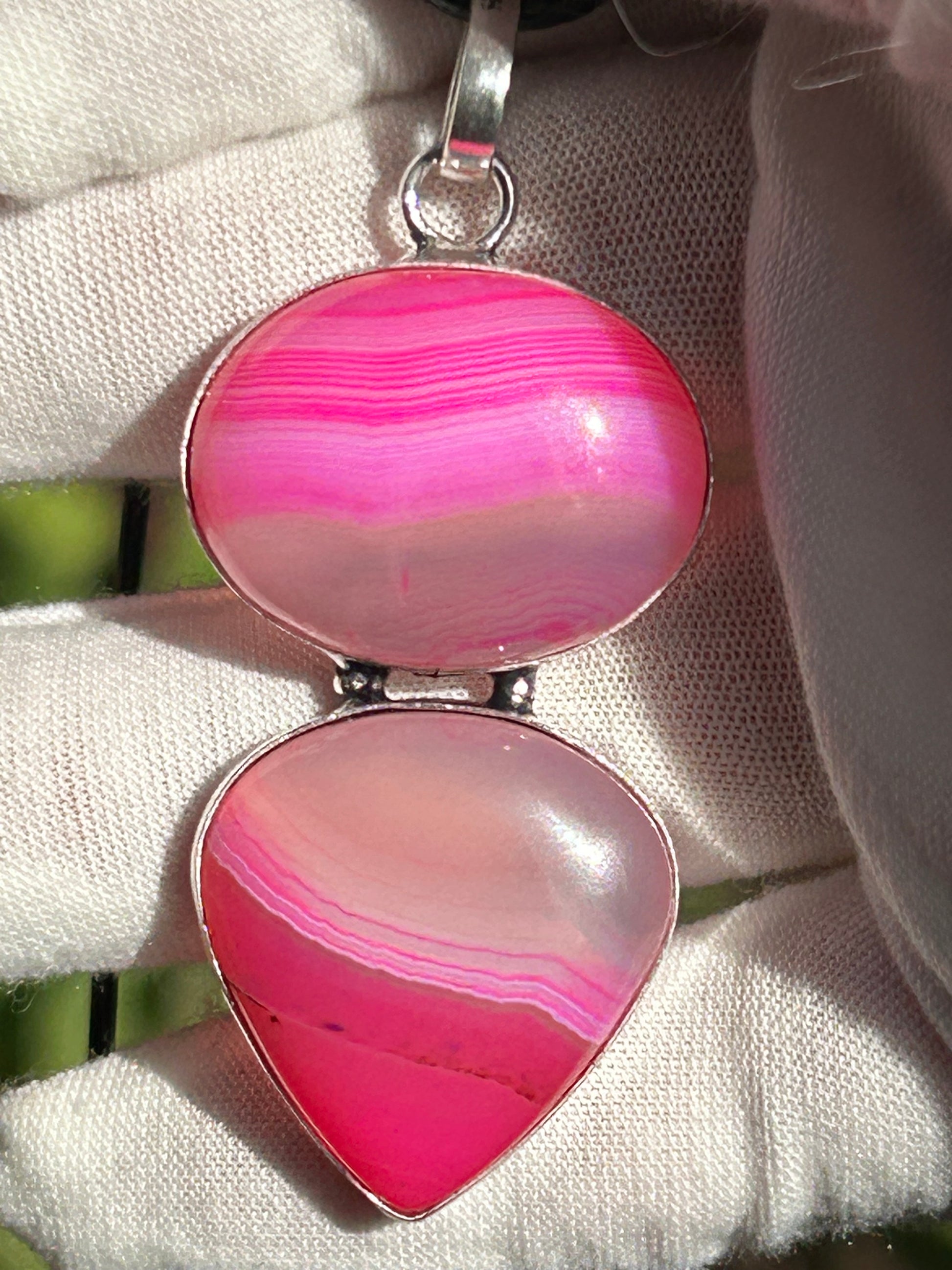 Pink Botswana Banded Agate and 925 Sterling Silver Handmade Pendant. one oval and one waterdrop gemstone