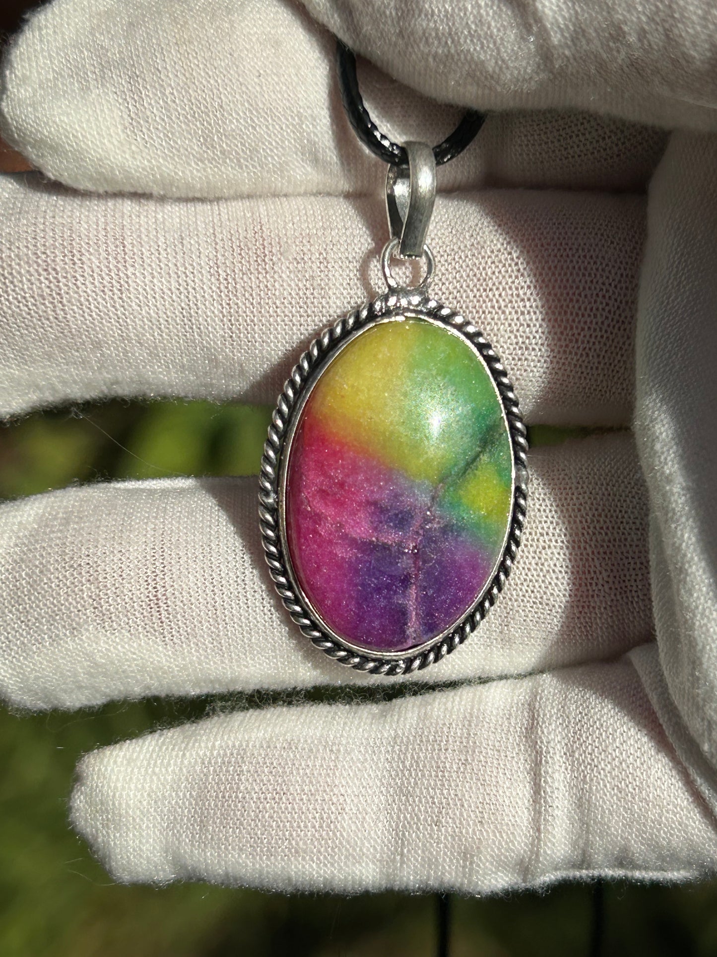 Rainbow Solar Quartz 925 Antique Sterling Silver Plated Pendant with black cord necklace