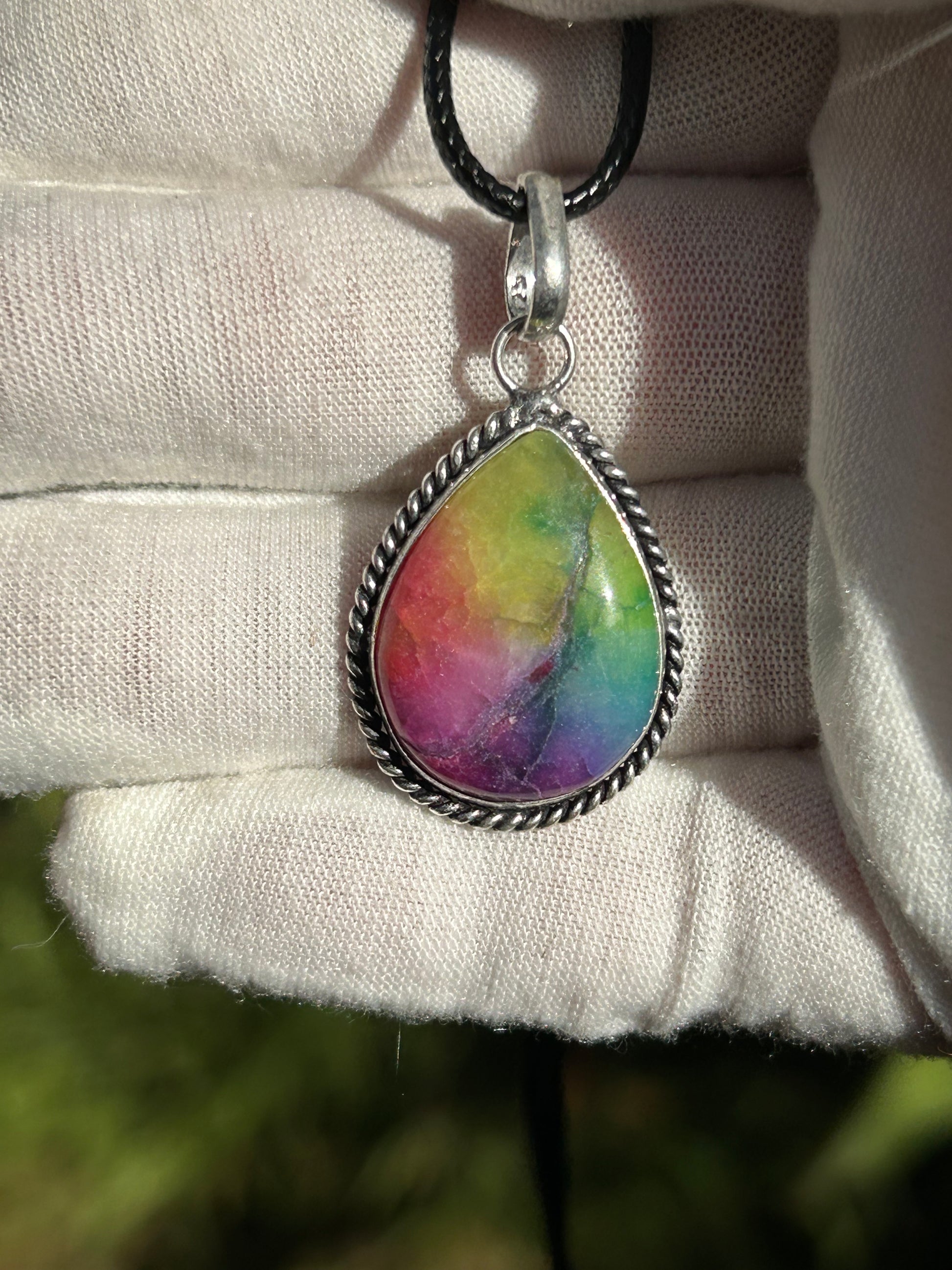 Rainbow Solar Quartz Pendant with antique 925 Sterling Silver Setting and black cord necklace