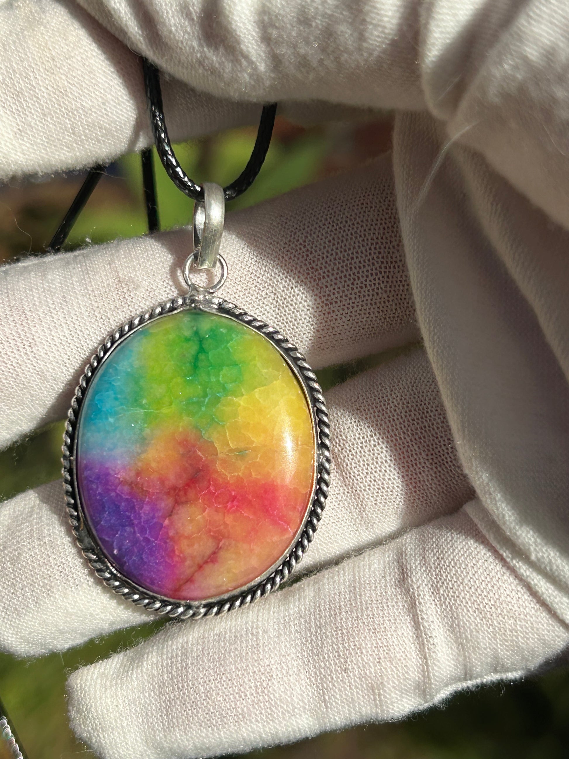 Rainbow Solar Quartz Pendant with antique 925 Sterling Silver Setting and black cord necklace