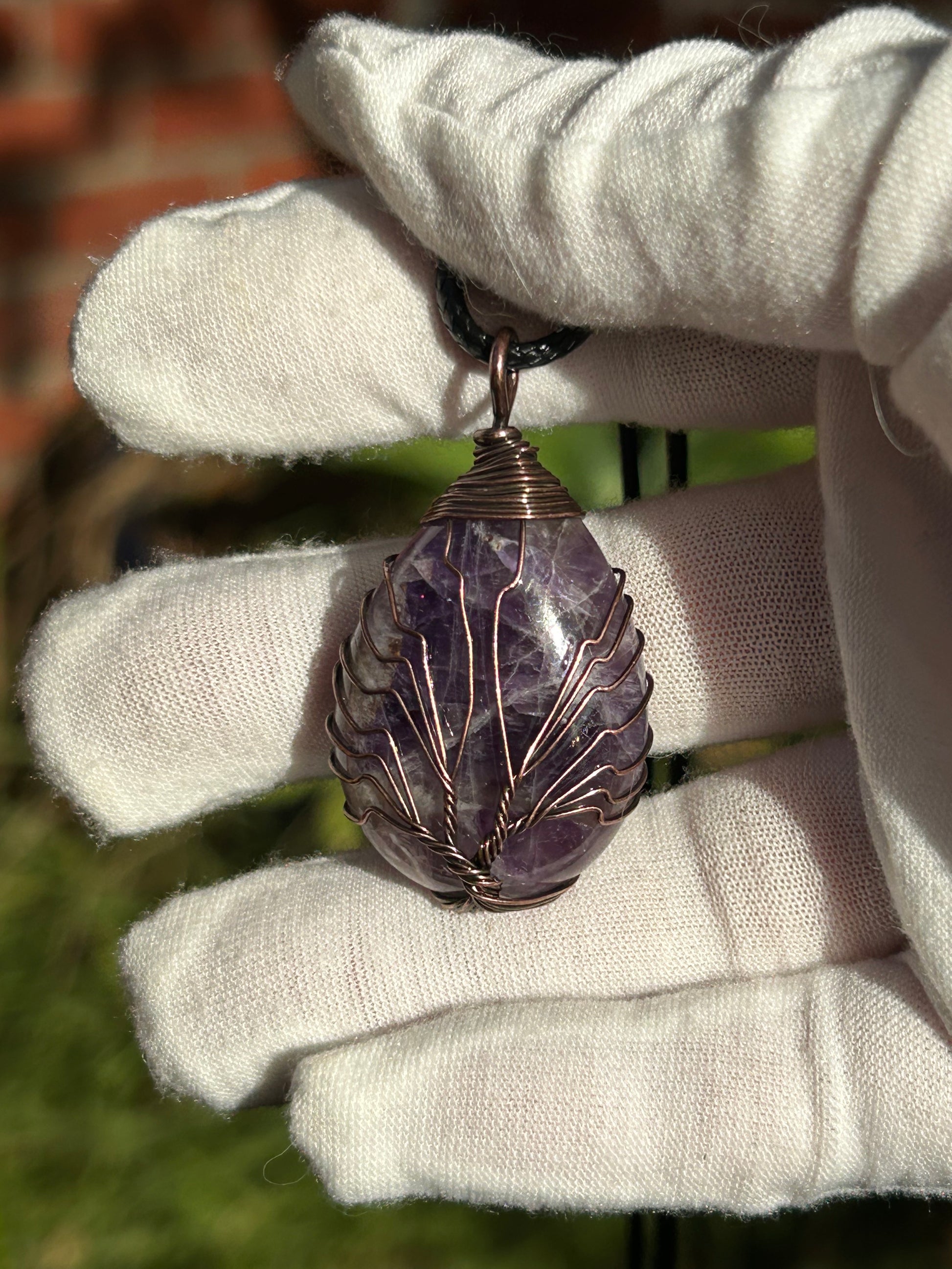 Amethyst Tree of Life Copper Wire Wrap Pendant with black cord necklace