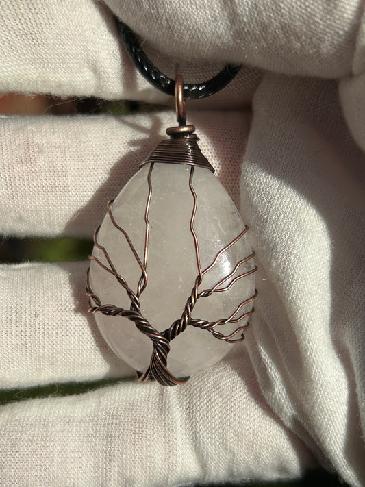 Rose Quartz Tree of Life Copper Wire Wrap Pendant with black cord necklace