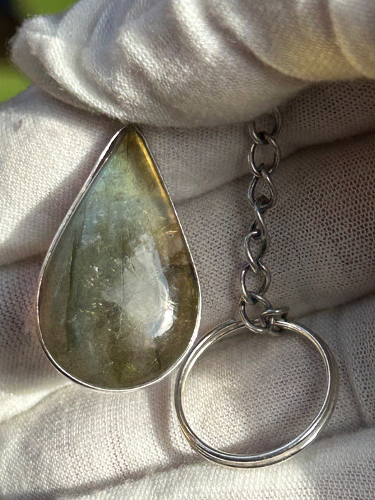 Labradorite Water Drop Keyring Green/Gold Flash