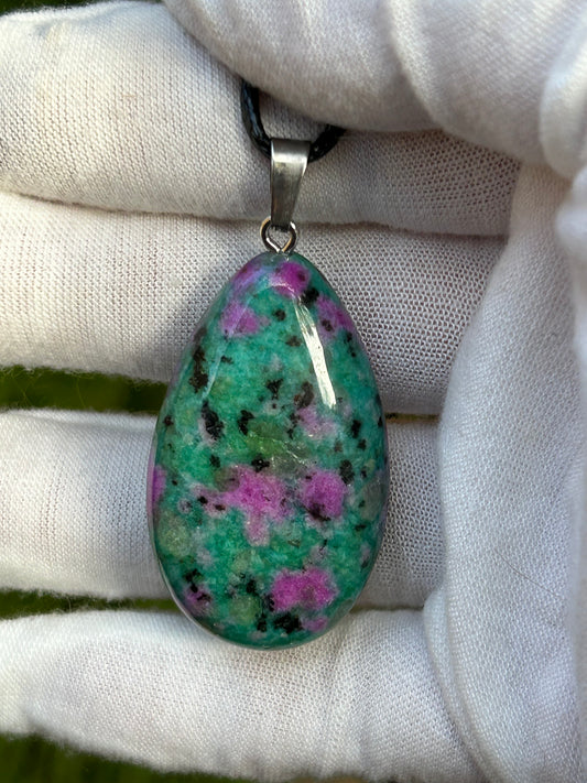 pink gree and black Ruby in Zoisite Polished Pendant with black cord necklace