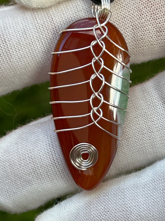Multicoloured wire wrapped Brazilian agate pendant