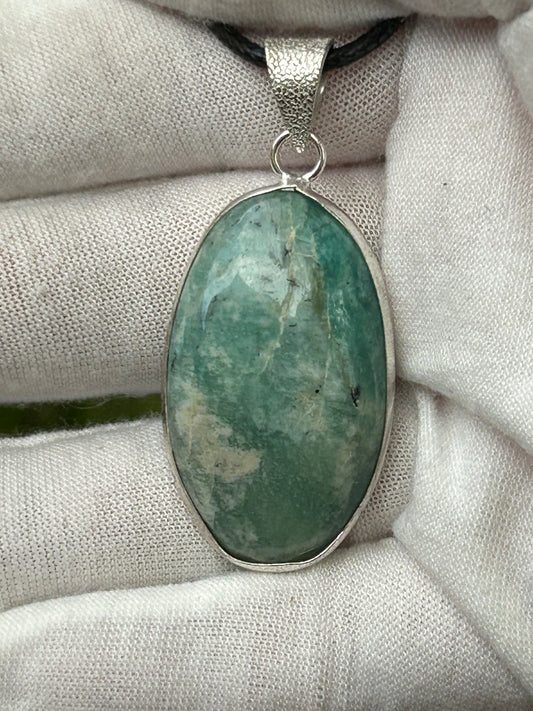 Amazonite 925 sterling silver plated oval pendant with black cord necklace