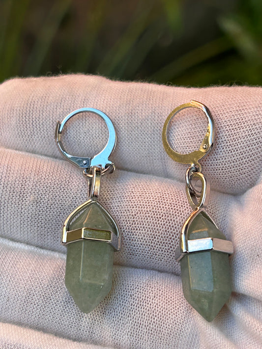 Green Aventurine Double Point Drop Earrings with silver detail