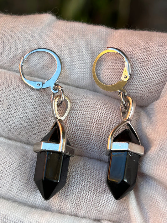 Black Onyx Double Point Drop Earrings with silver detail