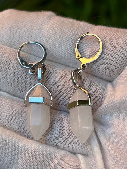 White Quartz Double Point Drop Earrings with silver detail