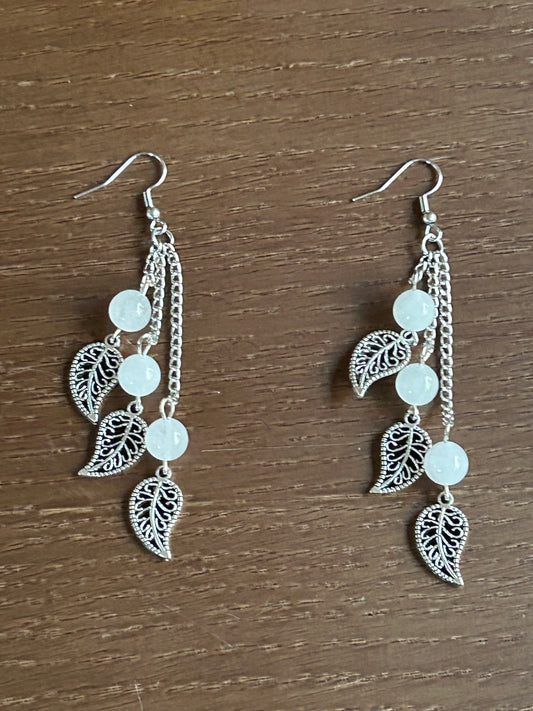 White Jade Leaf Design Triple Chain Drop Earrings