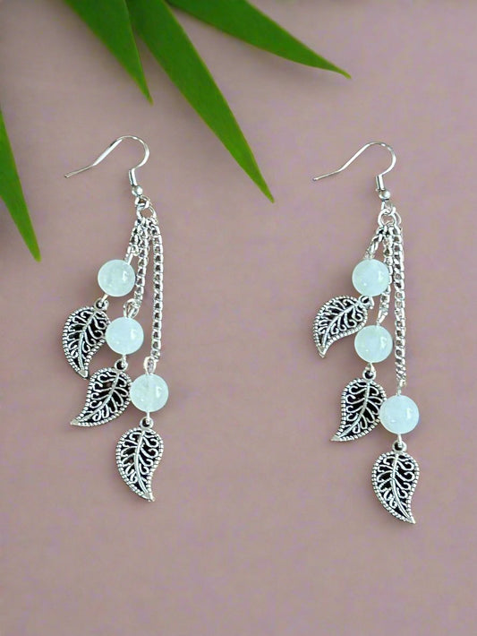 White Jade Leaf Design Triple Chain Drop Earrings