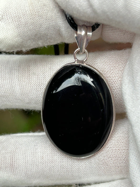 Black Onyx Polished Stone Oval Pendant with black cord necklace