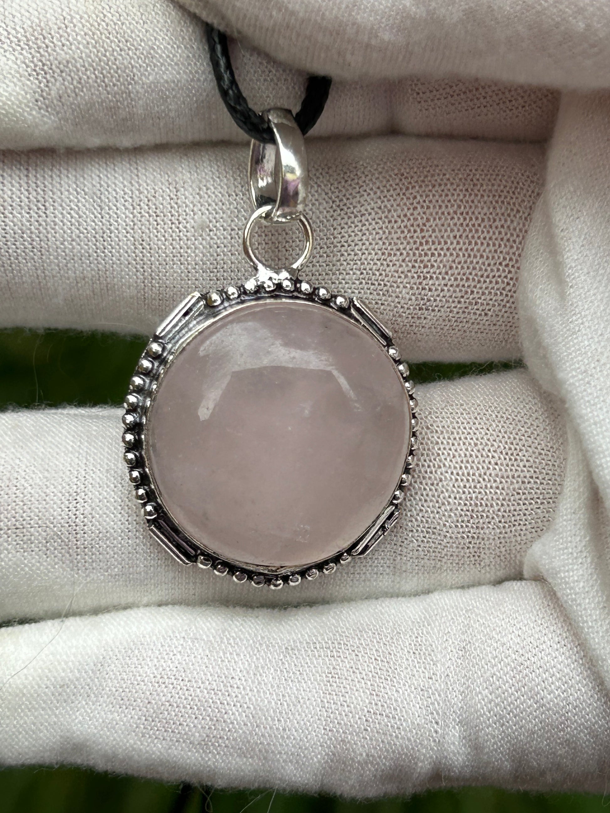 Rose Quartz 925 Sterling Silver Plated Pendant round shape with artistic setting