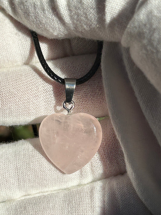 Rose Quartz heart shaped pendant with black cord necklace