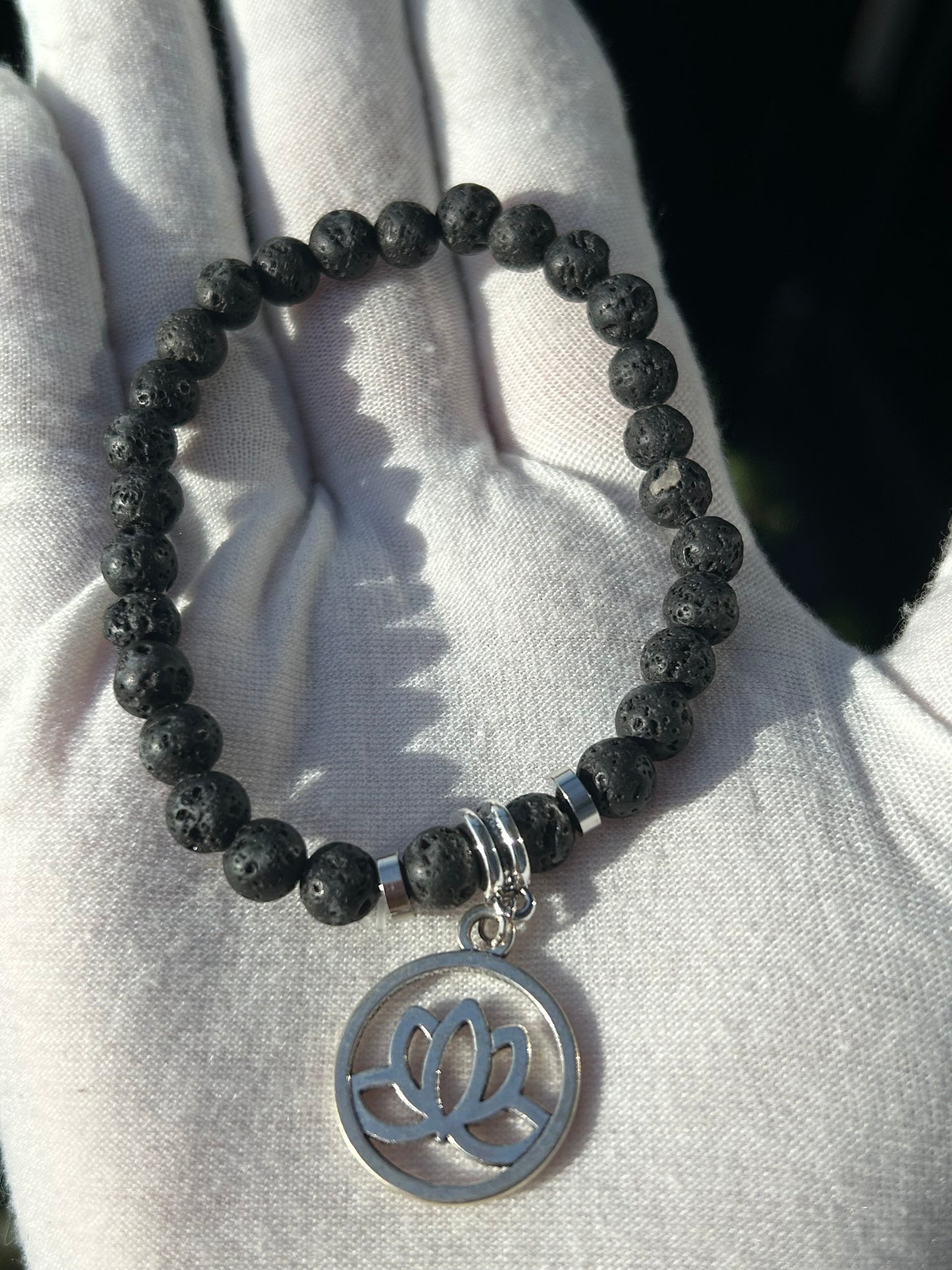 Lava Rock Bracelet with Silver Lotus Charm