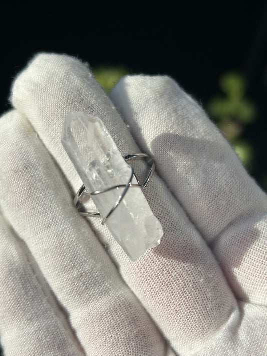 Clear Quartz silver Wire Wrap Adjustable Ring