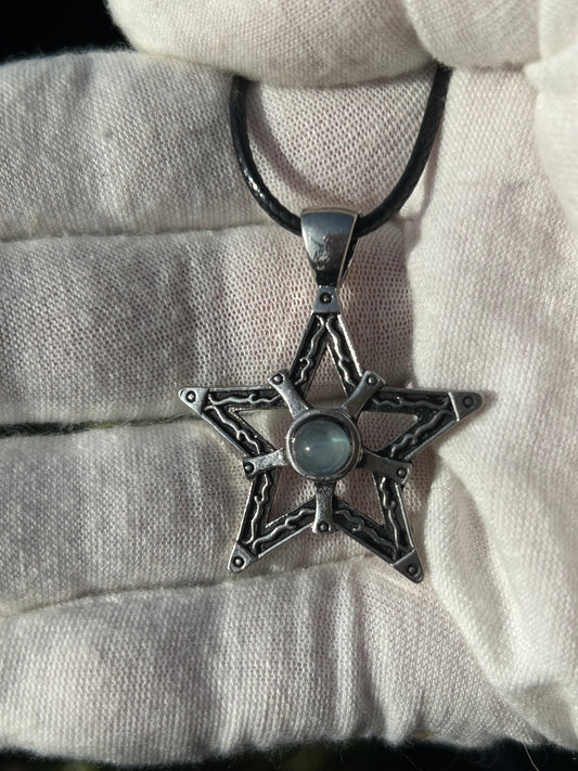 Labradorite antique silver star pendant with black cord necklace