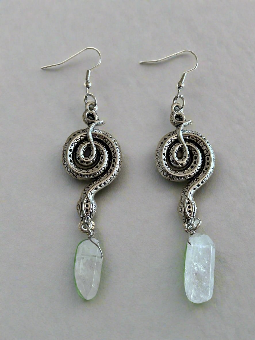 Clear Quartz and antique silver snake dangle earrings