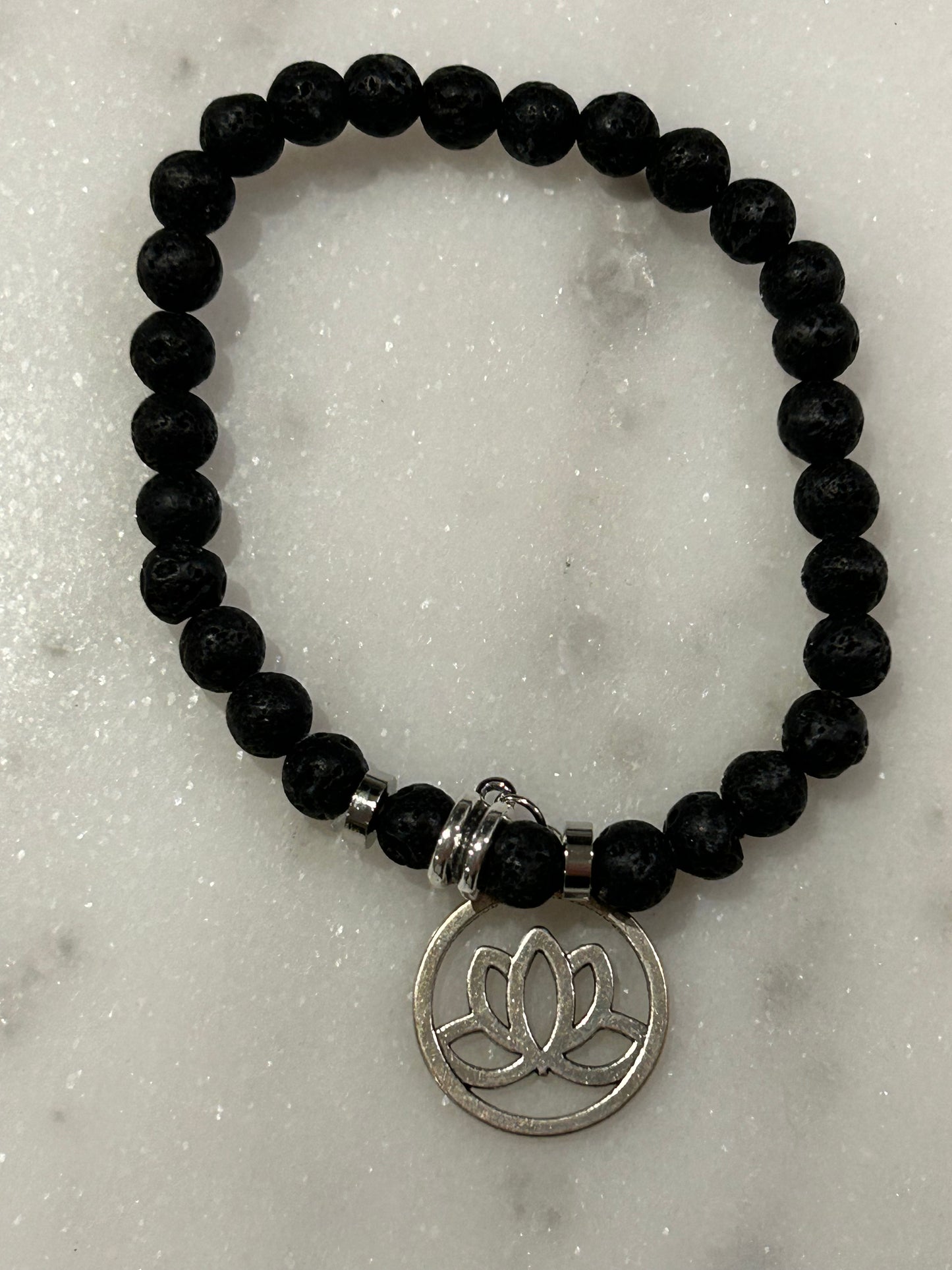 Lava Rock Bracelet with Silver Lotus Charm