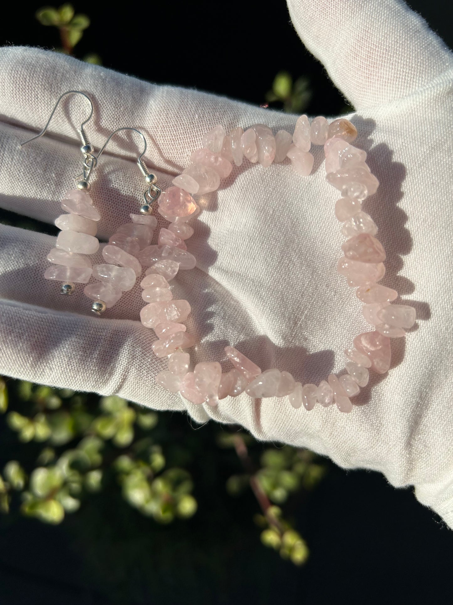 rose quartz chip earrings and bracelet