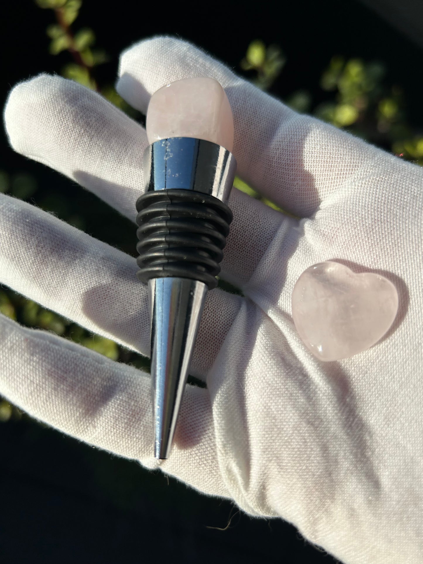 rose quartz heart and rose quartz topped wine bottle stopper