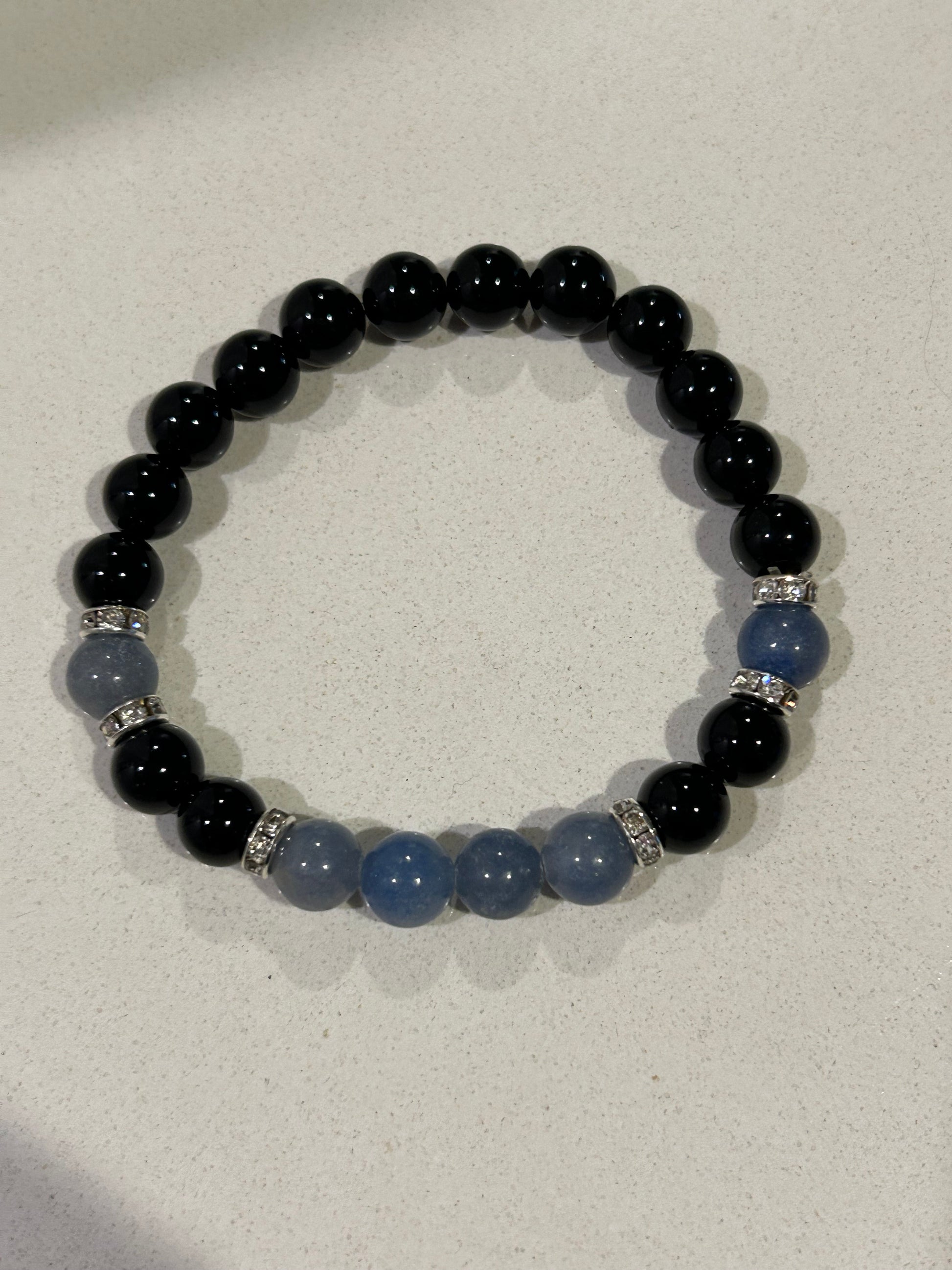 blue aventurine and black onyx bead bracelet