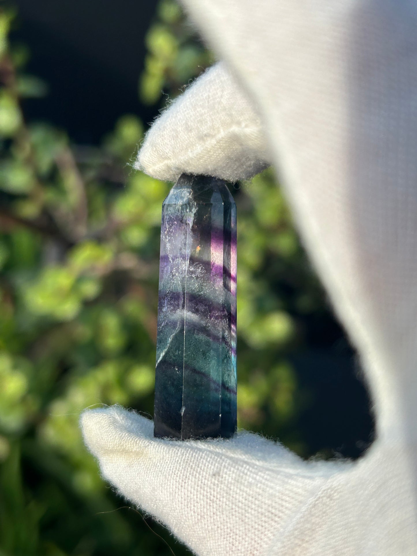 Rainbow Fluorite Crystal point, purple green tones