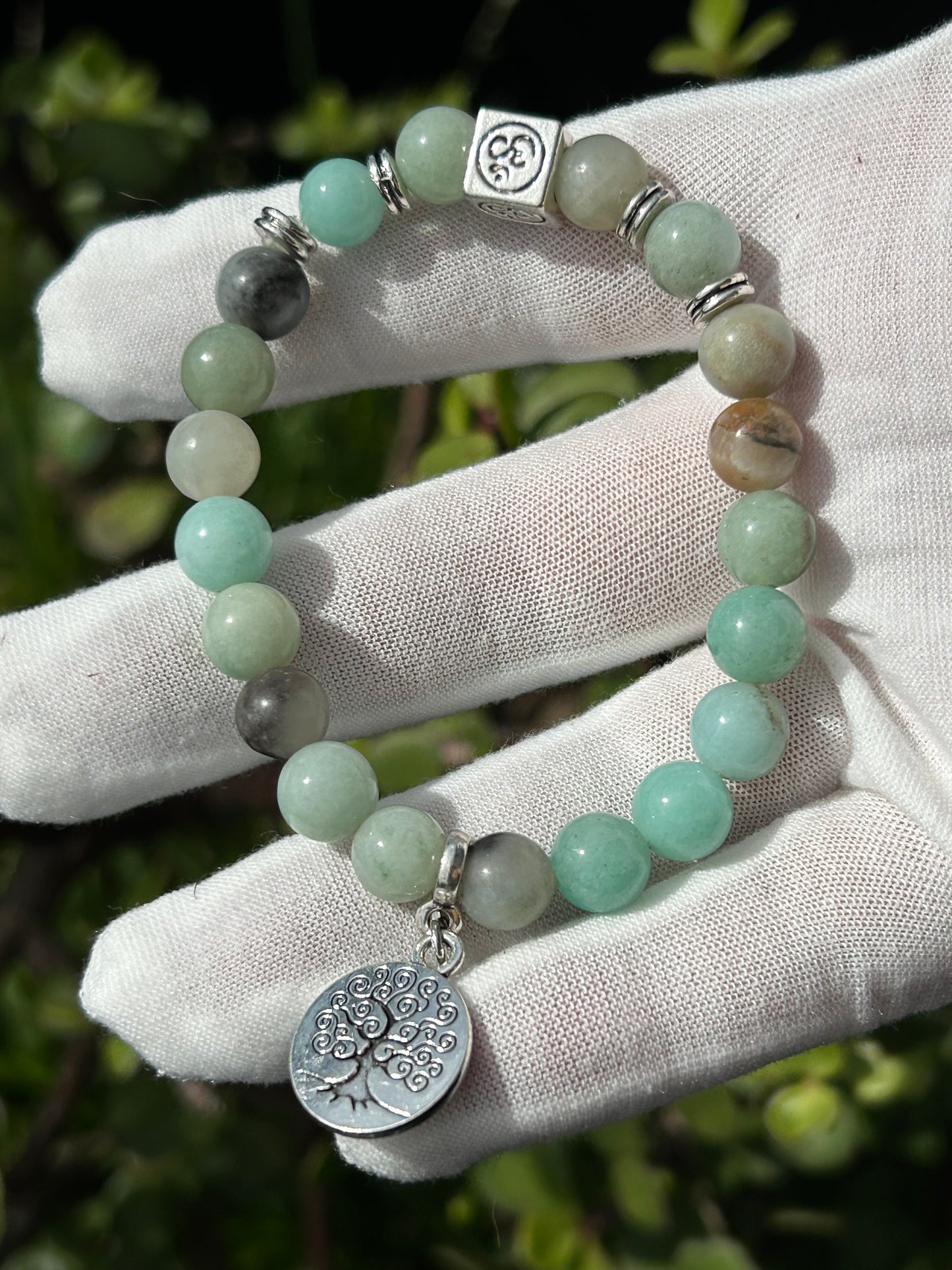 Flower Amazonite Bracelet with siver Tree of life charm