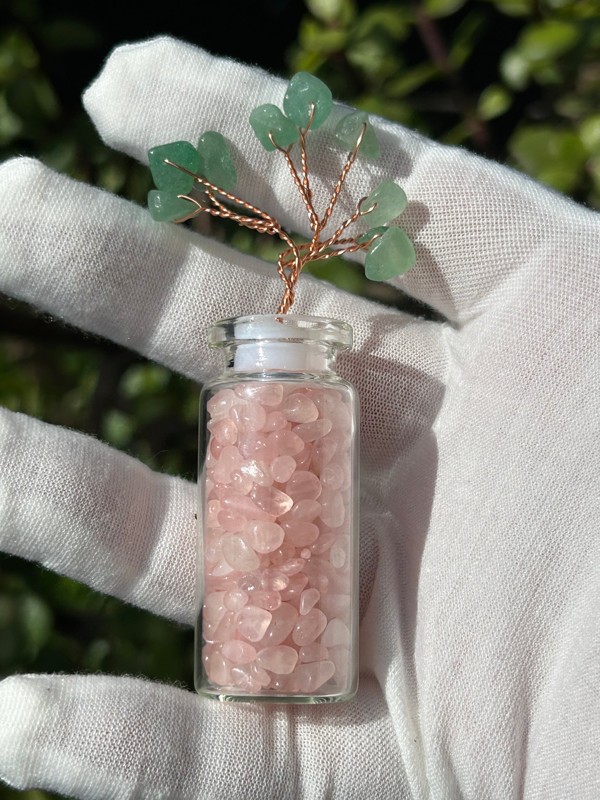 Rose Quartz wishing bottle with Green Aventurine tree