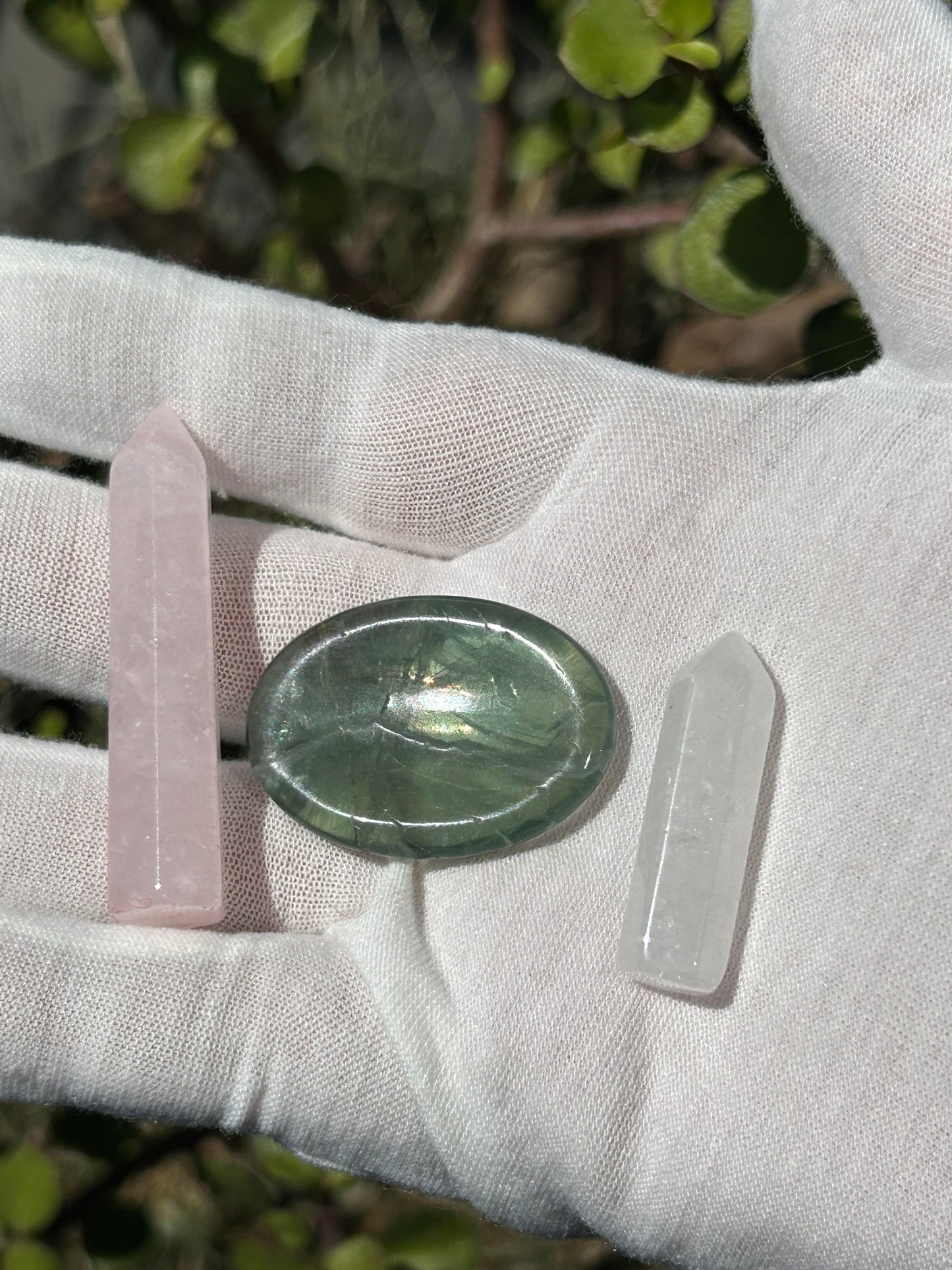 Rose Quartz Point, green fluorite thumb stone and clear quartz point