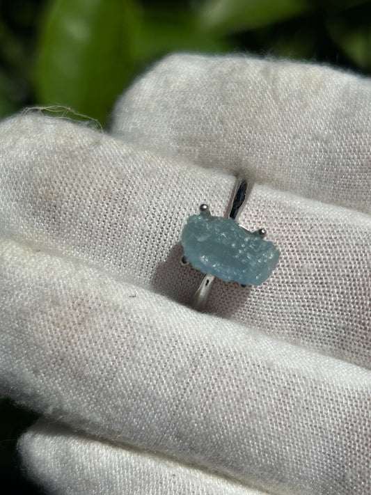 Aquamarine Raw Crystal  Silver Adjustable Ring