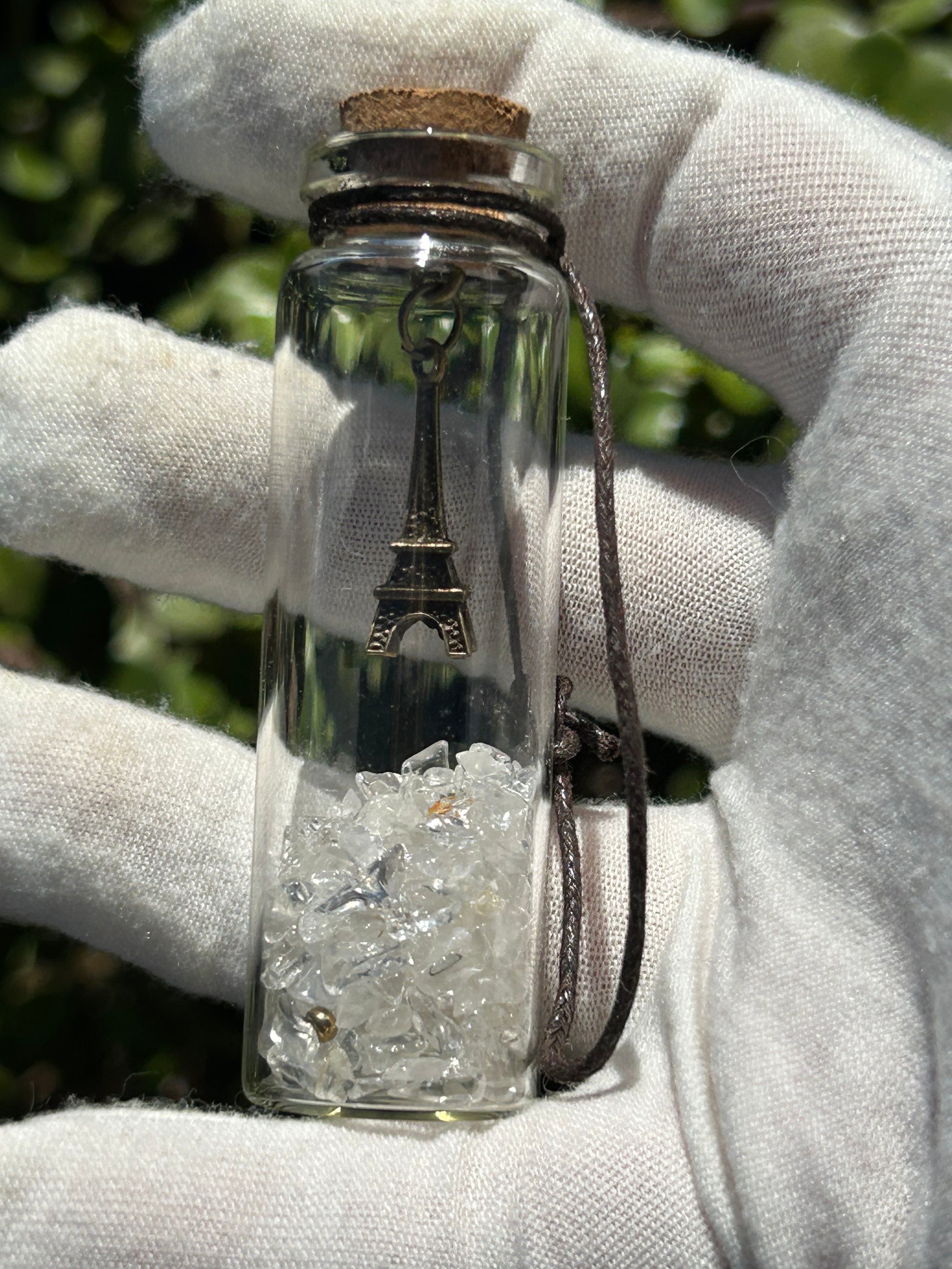 Clear Quartz Chip Wishing Bottle with Eiffel Tower Charm