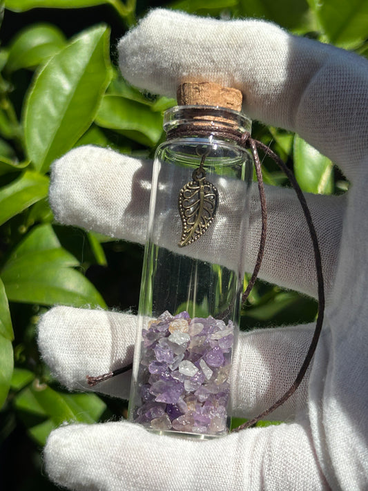 Amethyst Chip Wishing Bottle with Leaf Charm