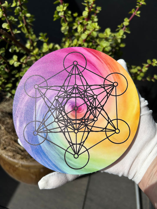 Multicoloured Sacred Geometry Wooden Crystal Grid Board 15cm