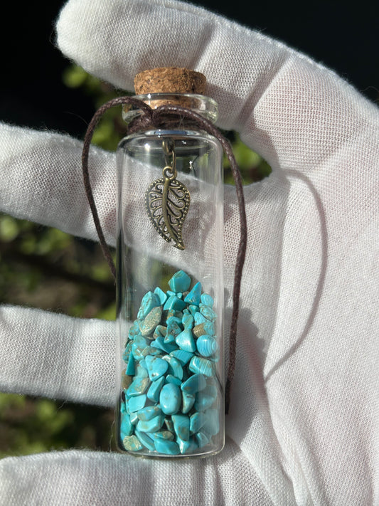 Blue Turquoise Chip Wishing Bottle with Leaf Charm