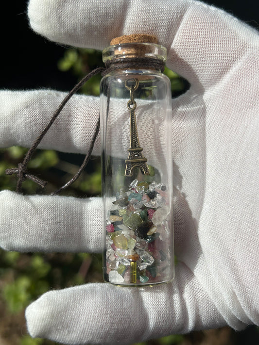 Fluorite and Clear Quartz Chip Wishing Bottle with Eiffel Tower Charm