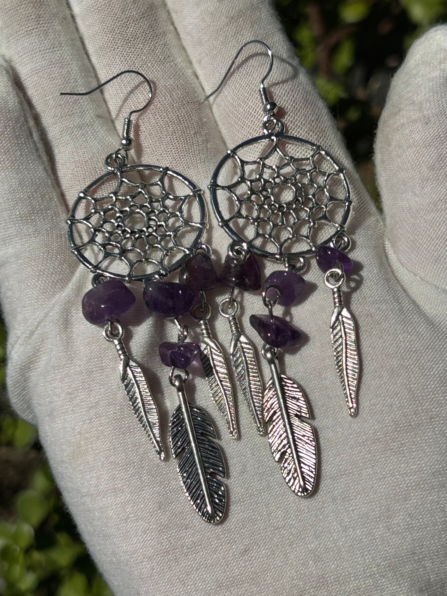 Amethyst Bead Drop Earrings in silver dream catcher design