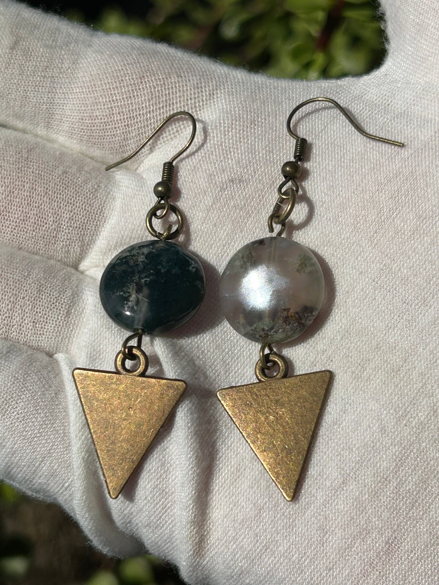 Indian Agate Drop Earrings with gold triangle