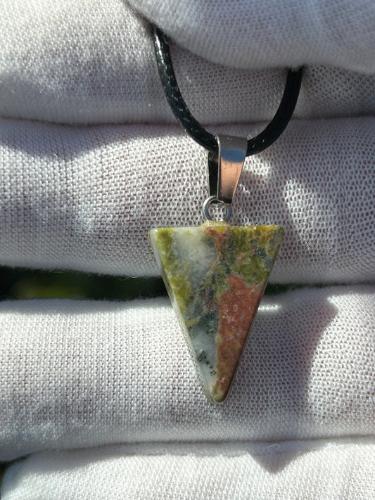 Multicoloured Agate polished triangular pendant with black cord necklace