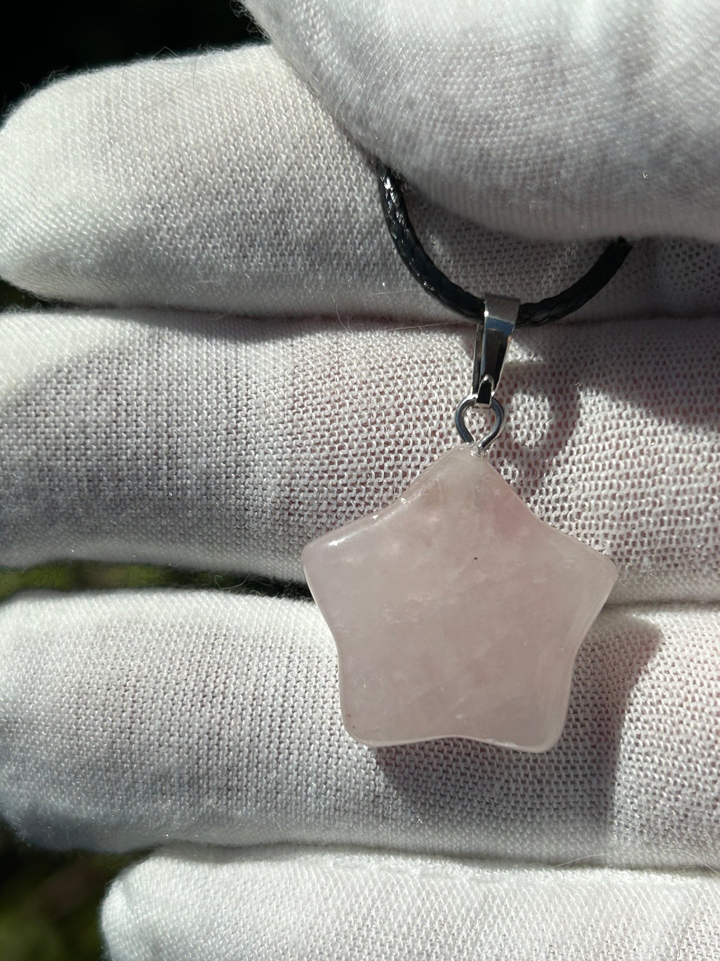 Rose Quartz Star Pendant with black cord necklace