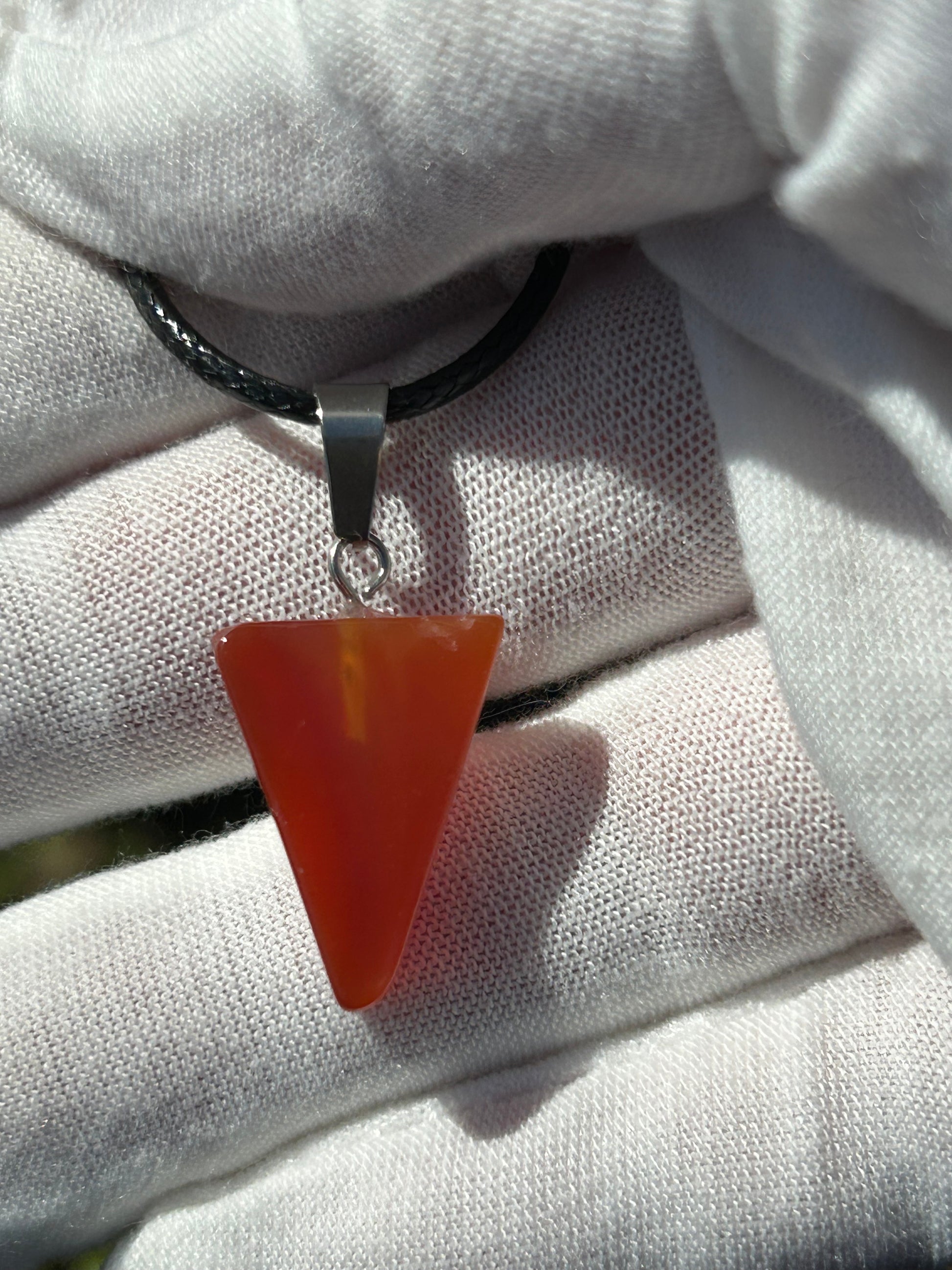 Red Agate Polished Triangular Pendant with black cord necklace