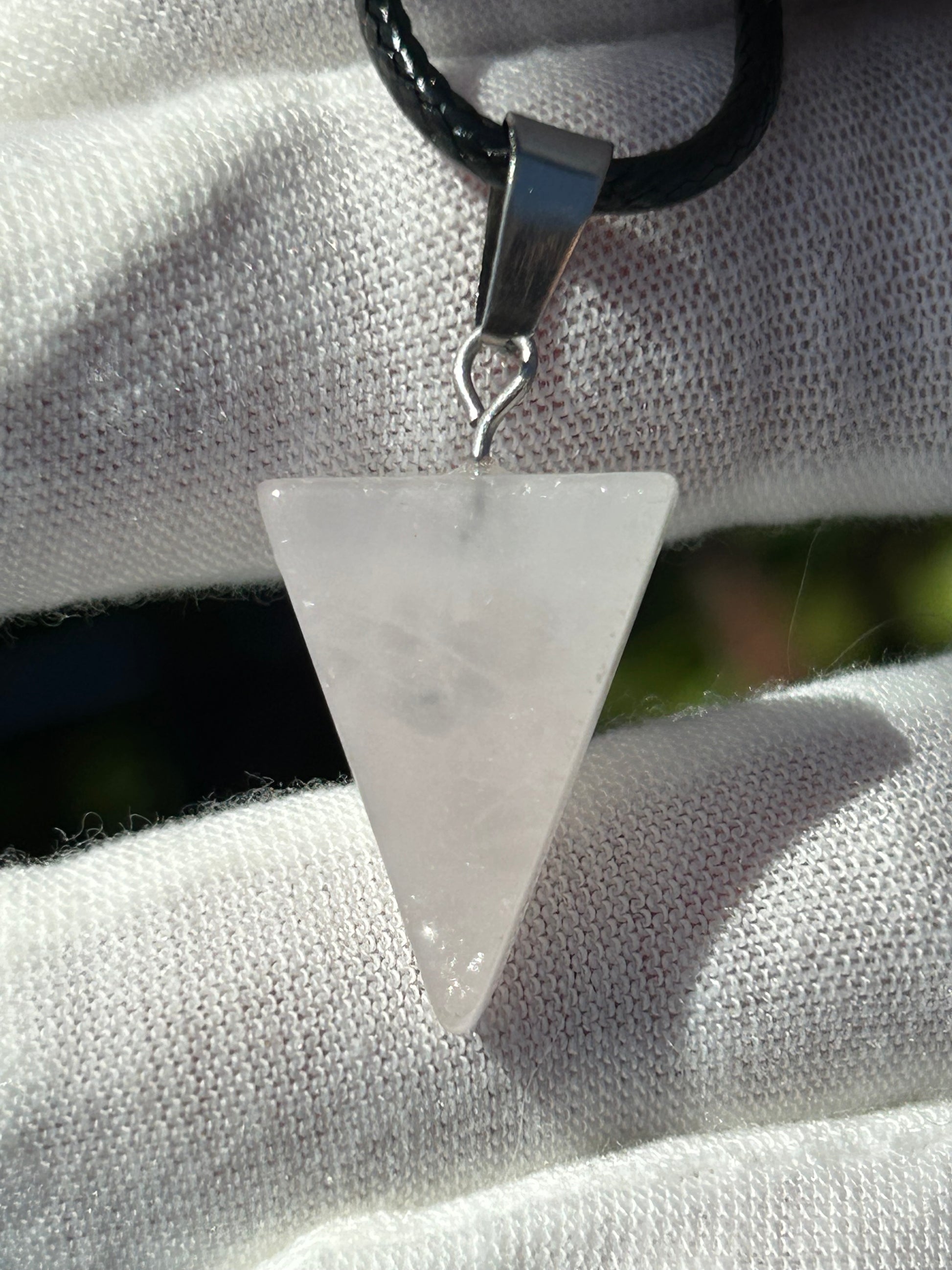 White Quartz Crystal Triangular Polished Pendant with black cord necklace